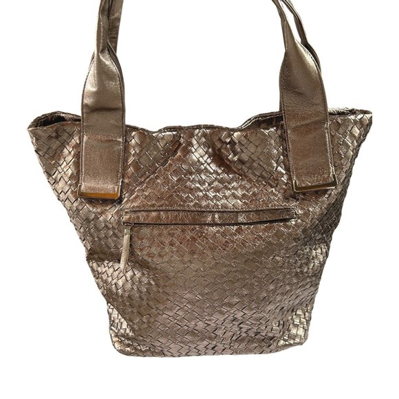 Elliot Lucca Large Shoulder Bag Tote Metallic Gold Leather - Picture 1 of 11